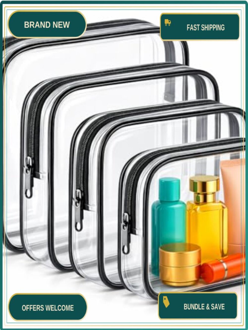 4 Pack Clear PVC Makeup Bag TSA Toiletry Travel Organizer